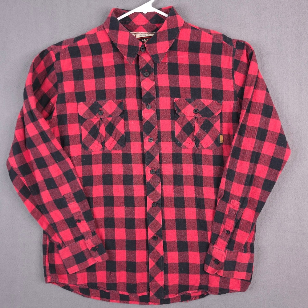 es Bobby Worrest Red Black Buffalo Plaid Flannel Button VTG Skateboard Shirt L